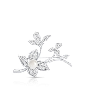 Broche Flor Cravejada Banho Ródio Pérola Shell Zircônia