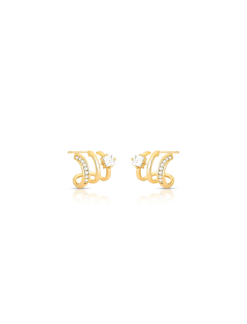 Brinco Encaixe Três Aros Banho Ouro 18k Zircônia