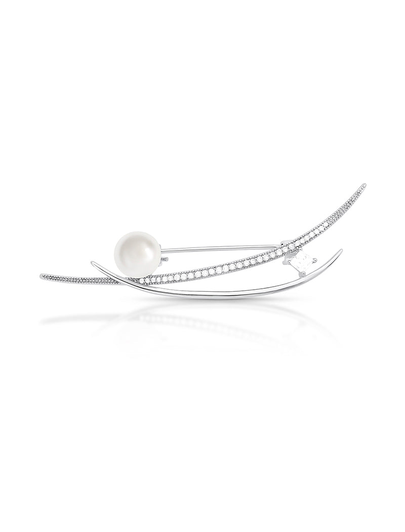 Broche Curvo Cravejado Banho Ródio Pérola Shell Zircônia