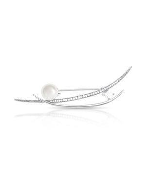 Broche Curvo Cravejado Banho Ródio Pérola Shell Zircônia