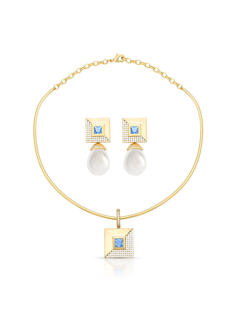 Conjunto Quadrado 2 Em 1 Banho Ouro 18k Pérola