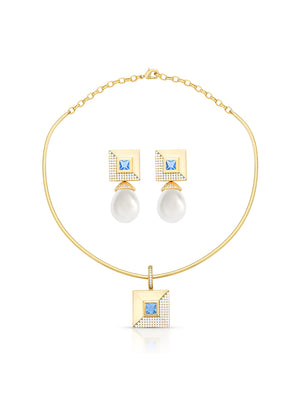 Conjunto Quadrado 2 Em 1 Banho Ouro 18k Pérola