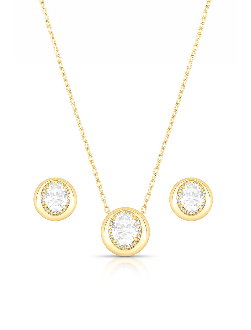 Conjunto Redondo Pedra Oval Laterais Cravejadas Banho Ouro 18k Cristal Zircônia