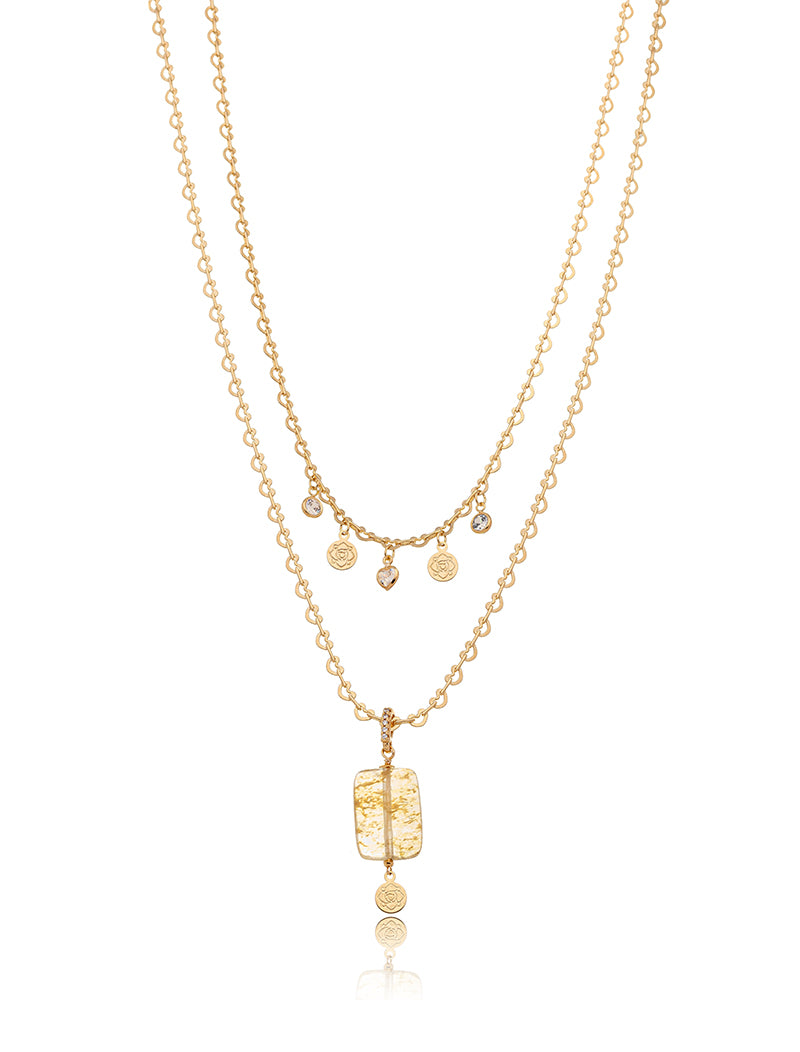 Colar Duo Mini Corações Banho Ouro 18k Cristal Rutilado