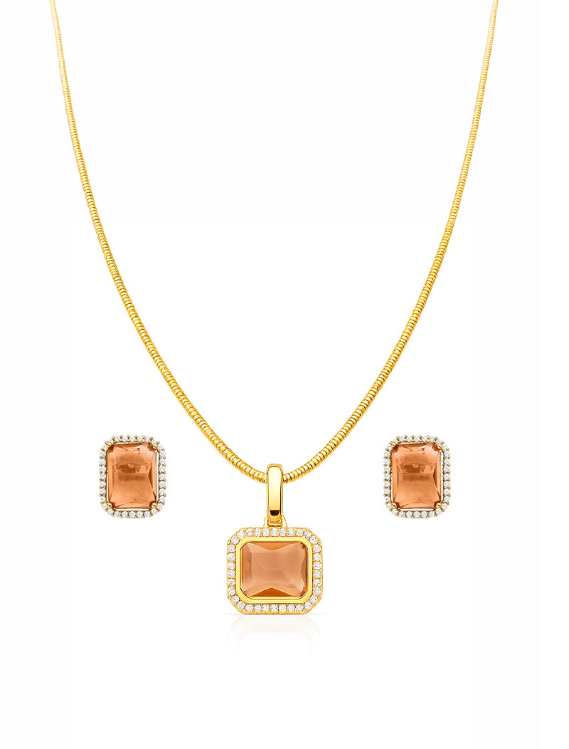 Conjunto Retângulo Laterais Cravejadas Banho Ouro 18k Cristal Zircônia