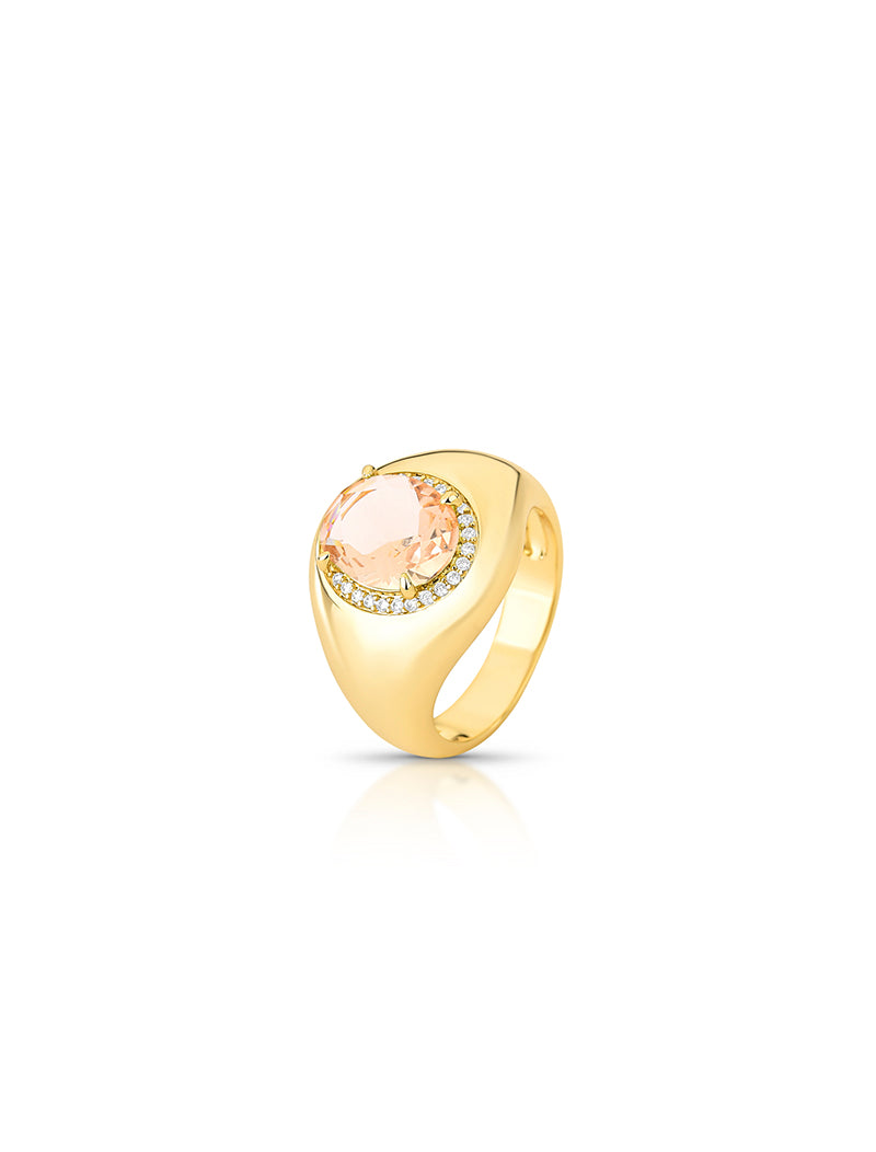 Anel Oval Volta Cravejada Banho Ouro 18k Cristal