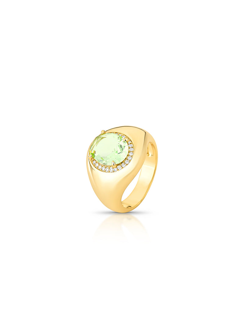 Anel Oval Laterais Cravejadas Banho Ouro 18k  Cristal  Zircônia