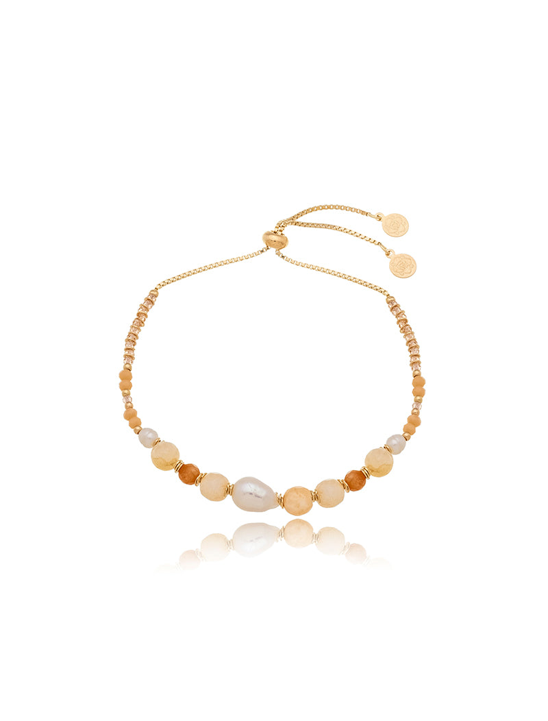 Pulseira Ajustável Banho Ouro 18k Jade Pérola Cristal