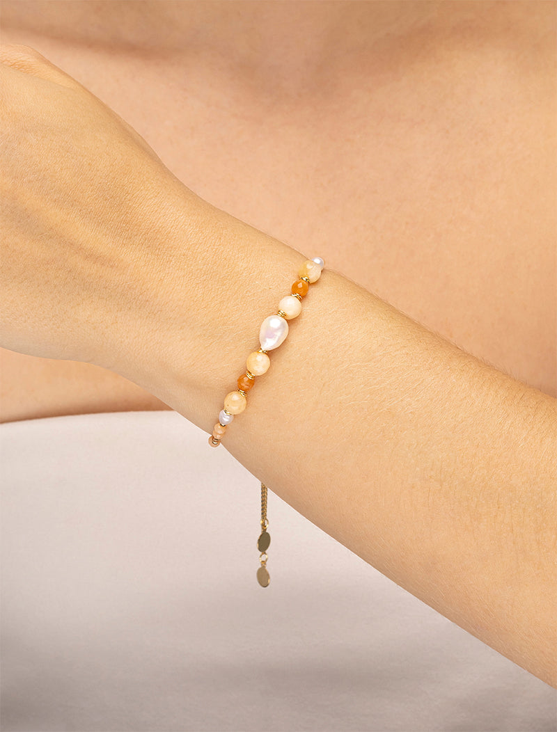 Pulseira Ajustável Banho Ouro 18k Jade Pérola Cristal