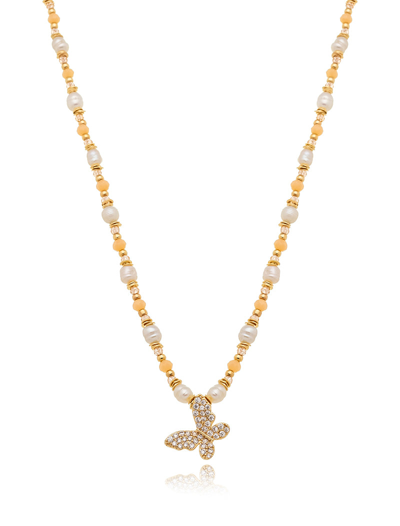 Colar Borboleta Cravejada Banho Ouro 18k Pérola Barroca