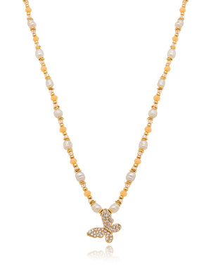 Colar Borboleta Cravejada Banho Ouro 18k Pérola Barroca