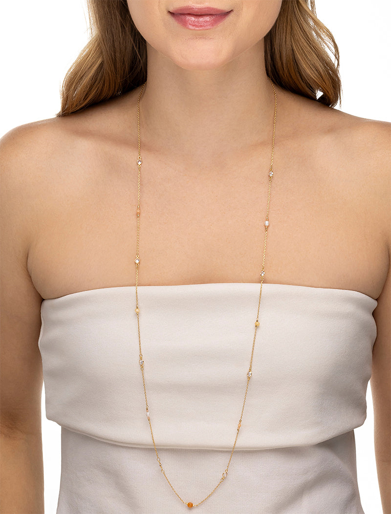 Colar Longo Pedrinhas Banho Ouro 18k Cristal Jade