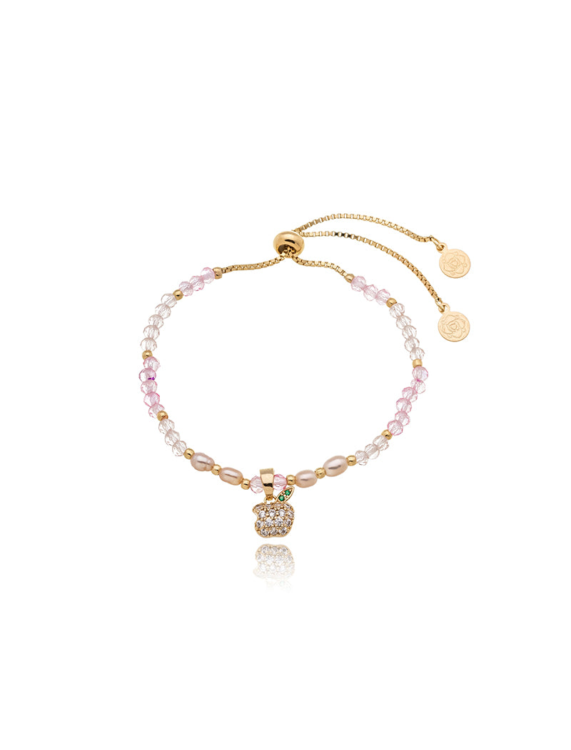 Pulseira Ajustável PIngente Maçã Cravejada Banho Ouro 18K Cristal Zircônia
