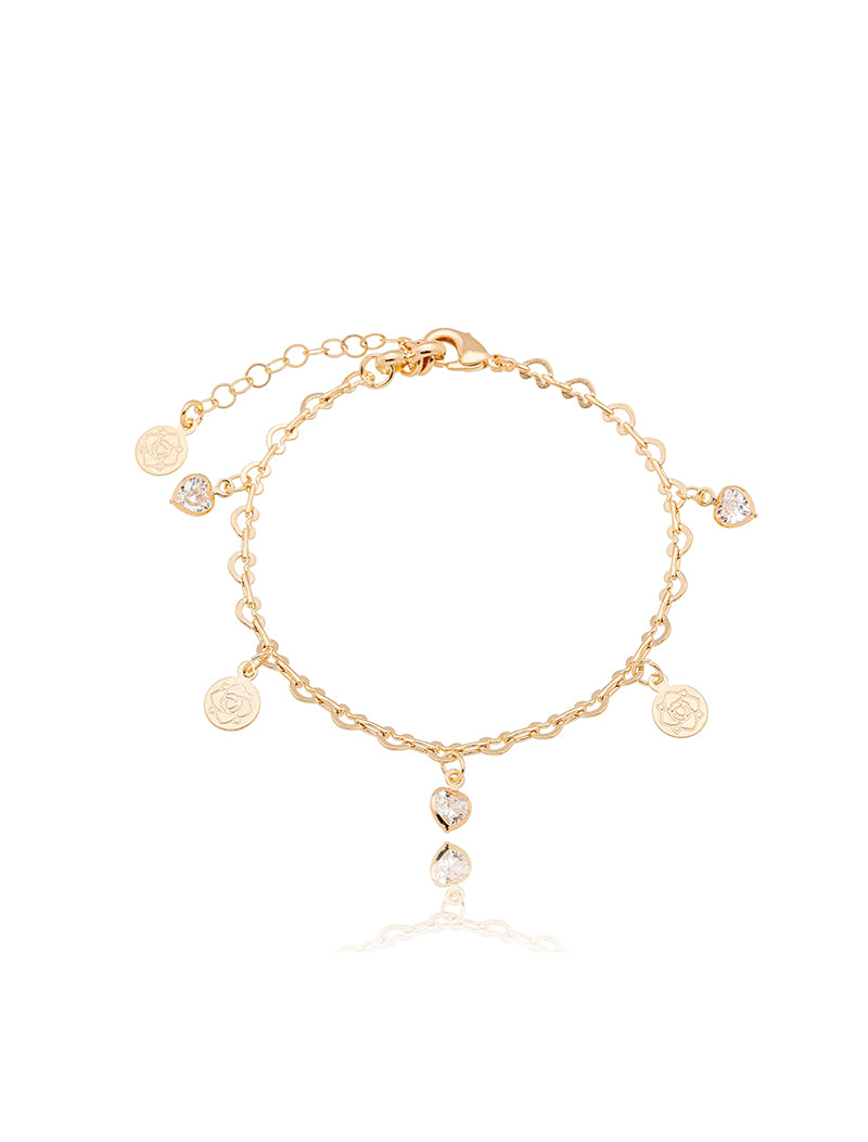 Pulseira Infantil Coração Flor Banho Ouro 18K