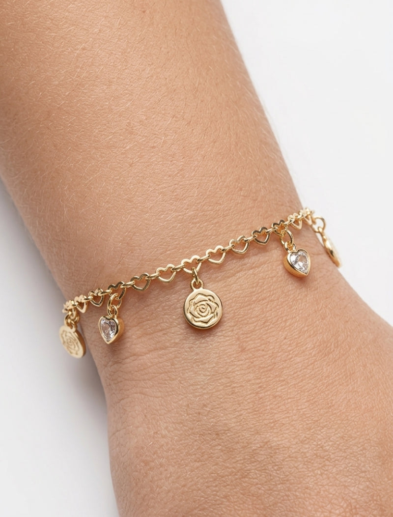 Pulseira Infantil Coração Flor Banho Ouro 18K