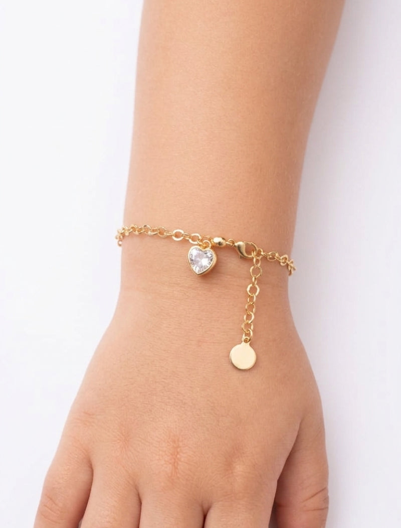 Pulseira Infantil Elos Coração Banho Ouro 18K