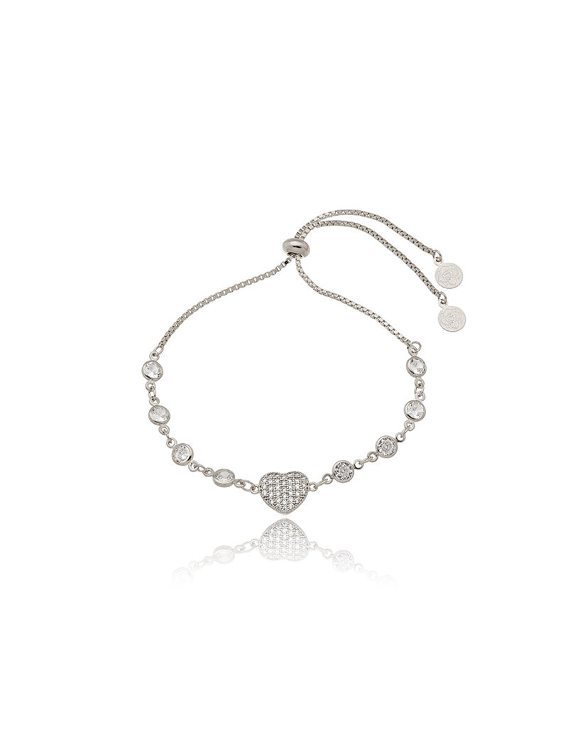Pulseira Ajustável Coração Cravejado Banho Ródio Zircônia