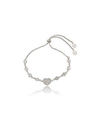 Pulseira Ajustável Coração Cravejado Banho Ródio Zircônia