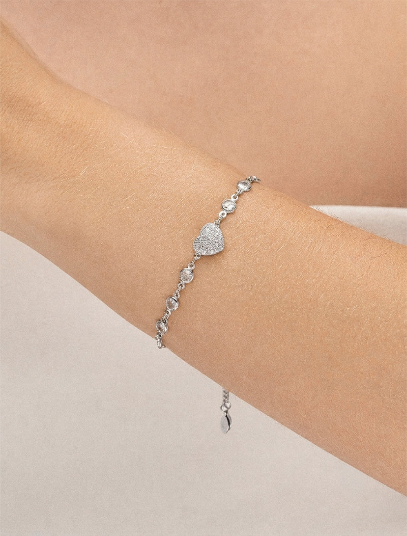 Pulseira Ajustável Coração Cravejado Banho Ródio Zircônia