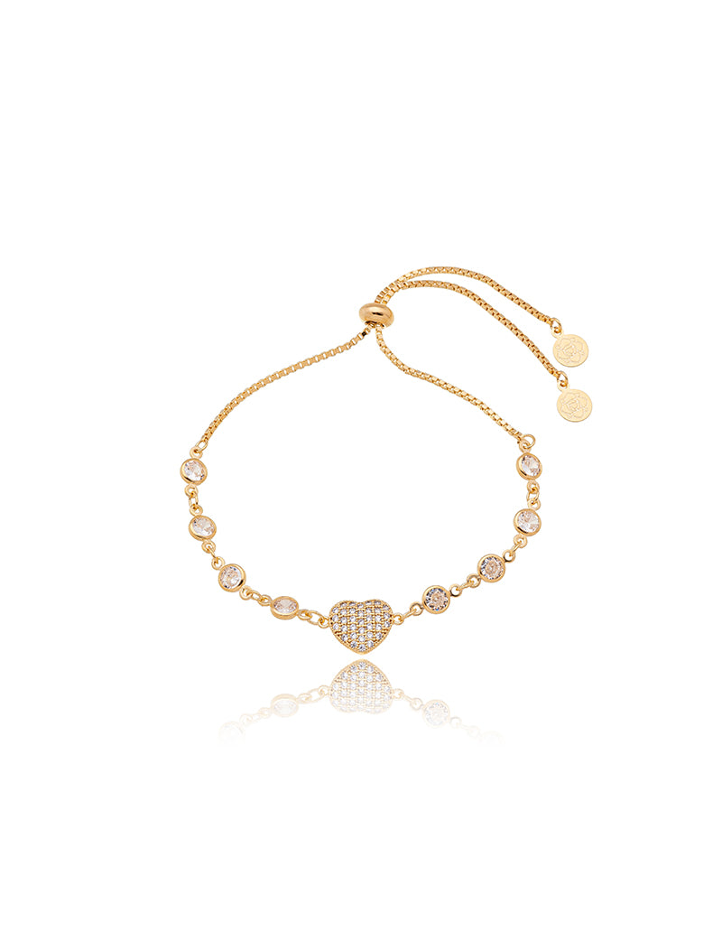 Pulseira Ajustável Coração Cravejado Banho Ouro 18k Zircônia
