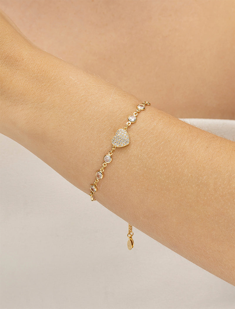 Pulseira Ajustável Coração Cravejado Banho Ouro 18k Zircônia