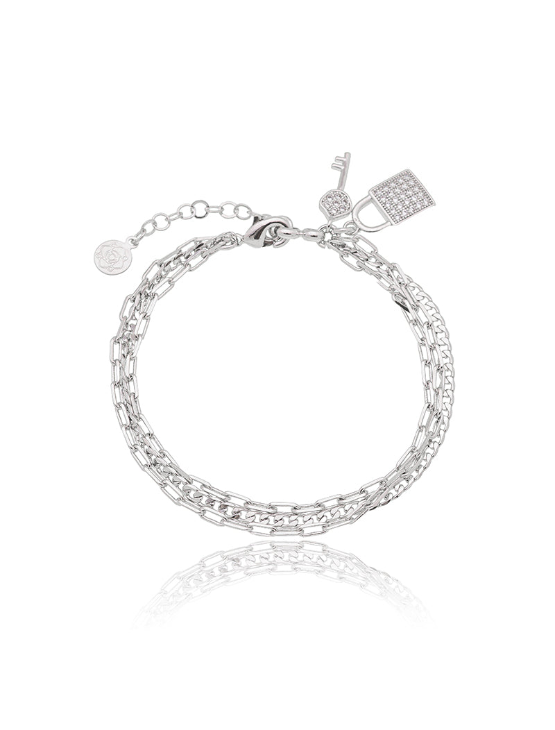 Pulseira Chave e Cadeado Cravejado Banho Ródio