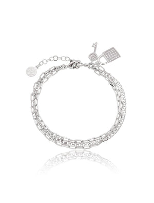 Pulseira Chave e Cadeado Cravejado Banho Ródio