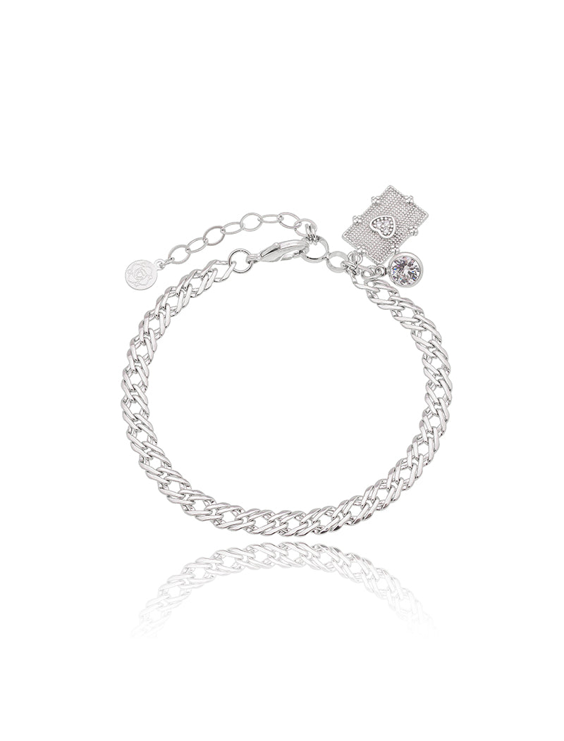 Pulseira Teen Retangular Pingente Coração Cravejado Banho Ródio