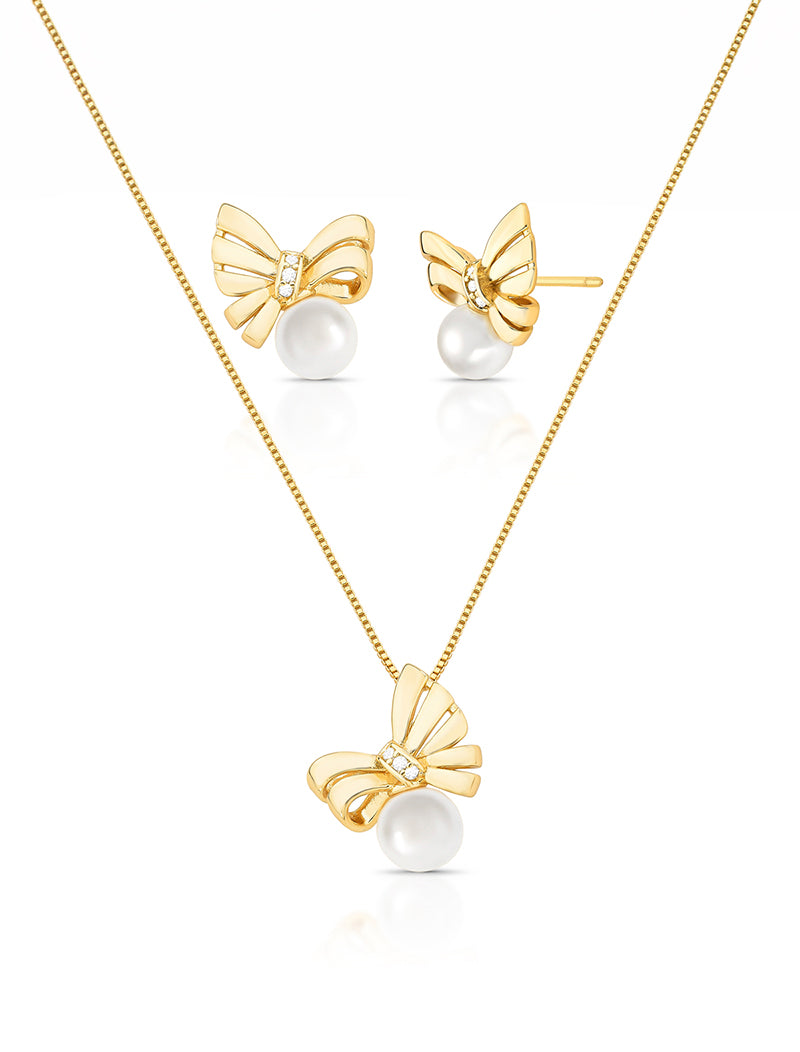 Conjunto Laço Curvo Detalhe Cravejado Banho Ouro 18K Pérola Shell Zircônia