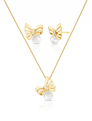 Conjunto Laço Curvo Detalhe Cravejado Banho Ouro 18K Pérola Shell Zircônia