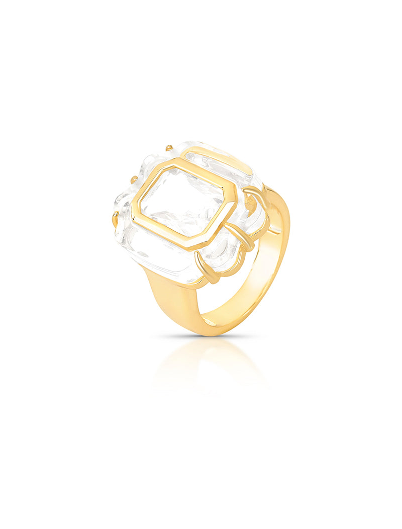 Anel Retangular Curvo Banho Ouro 18k Cristal