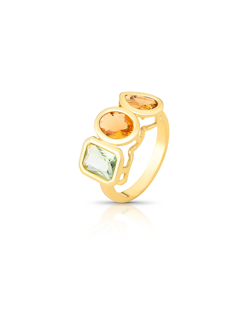 Anel Geométrico Pedras Banho Ouro 18K Cristal
