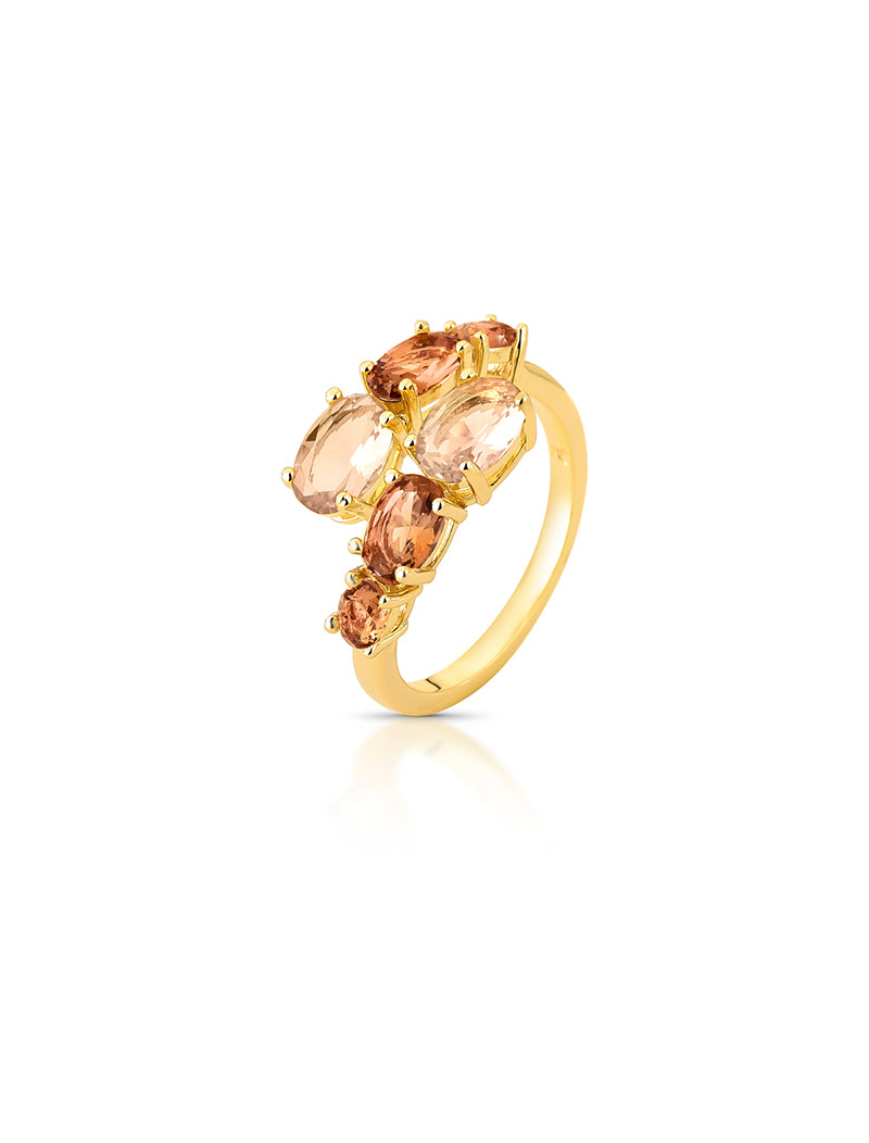Anel Ovais Pedras Cristais Banho Ouro 18K
