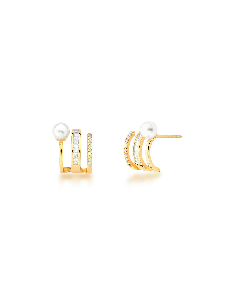Brinco Encaixe Fileira Cravejada Banho Ouro 18K Cristal Pérola Shell  Zircônia