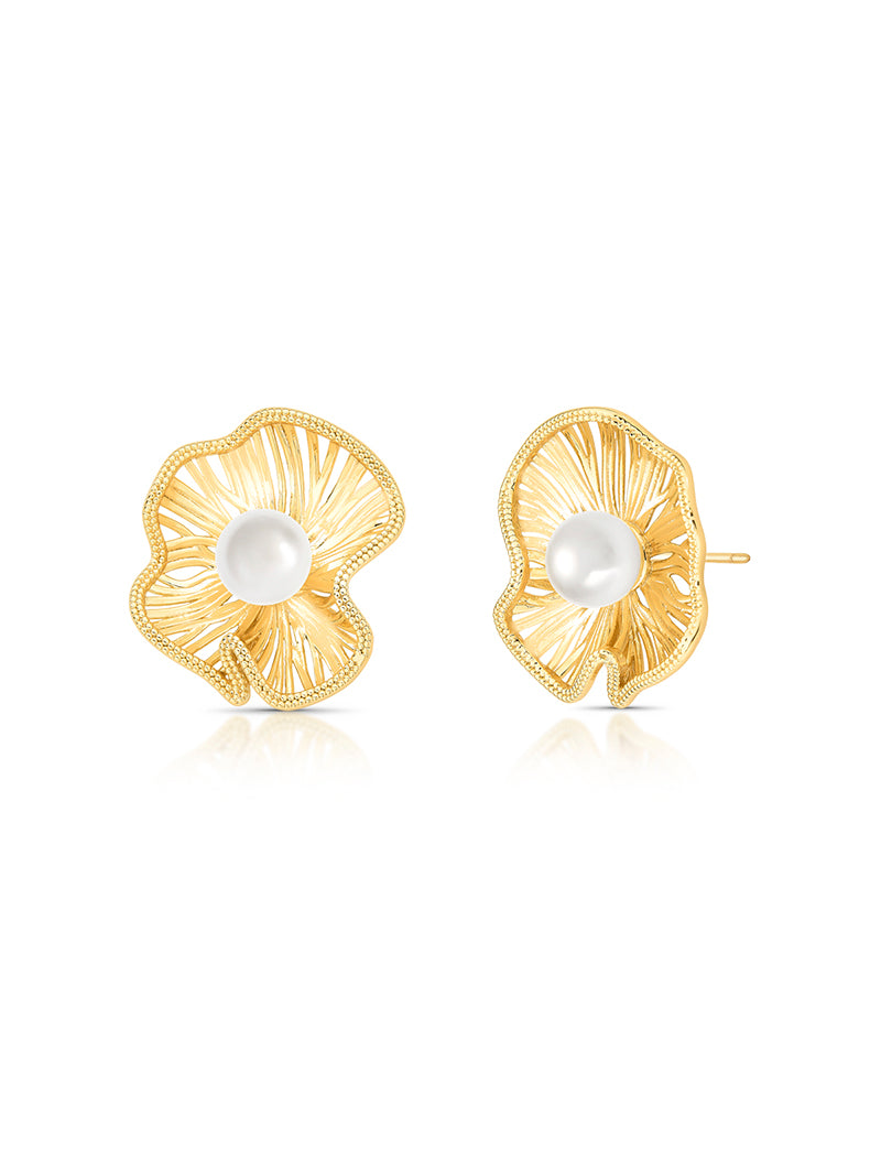 Brinco Flor Vazada Banho Ouro 18K Pérola Shell