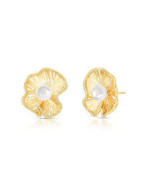 Brinco Flor Vazada Banho Ouro 18K Pérola Shell