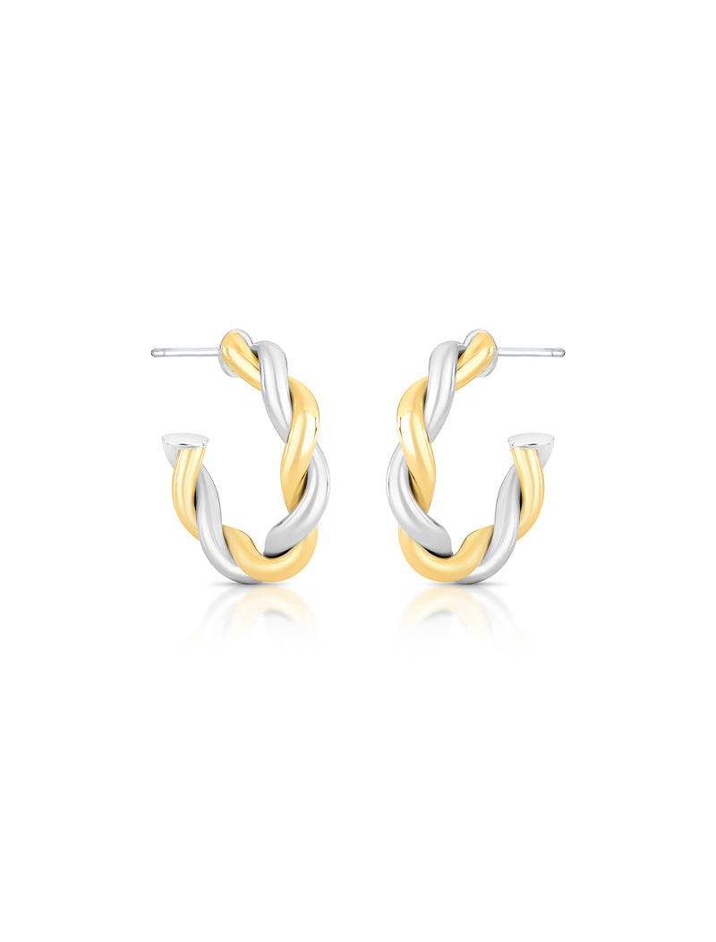 Brinco Meia Argola Trançada Lisa Banho Mix Ouro 18K Ródio
