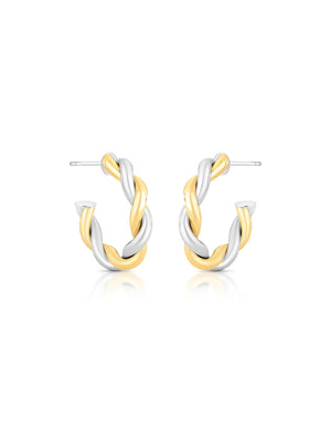 Brinco Meia Argola Trançada Lisa Banho Mix Ouro 18K Ródio