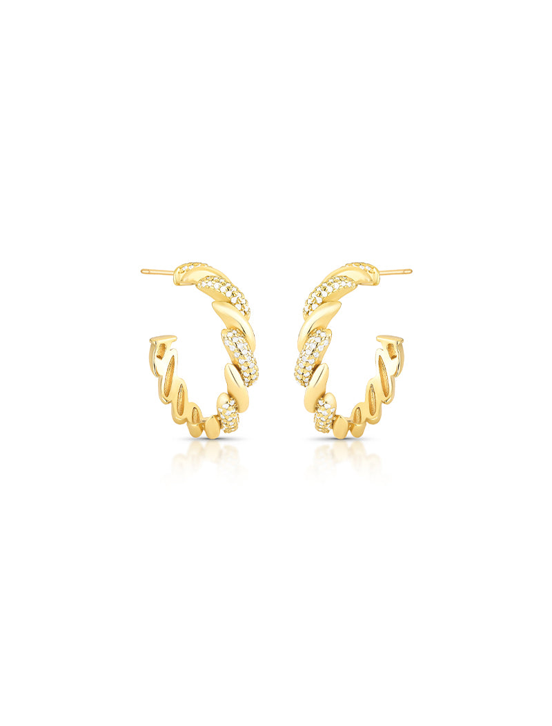 Brinco Meia Argola Trançada Lisa Cravejada Banho Ouro 18k Zircônia