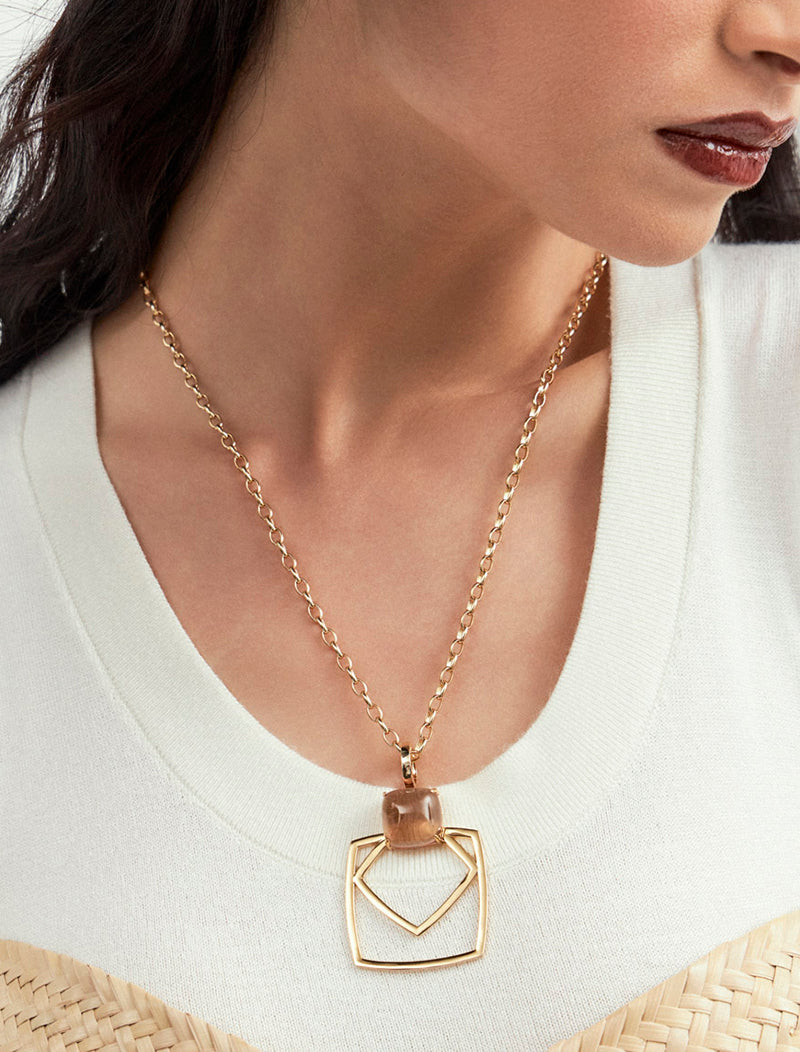 Conjunto Pingente Quadrado Vazado Banho Ouro 18K Cristal
