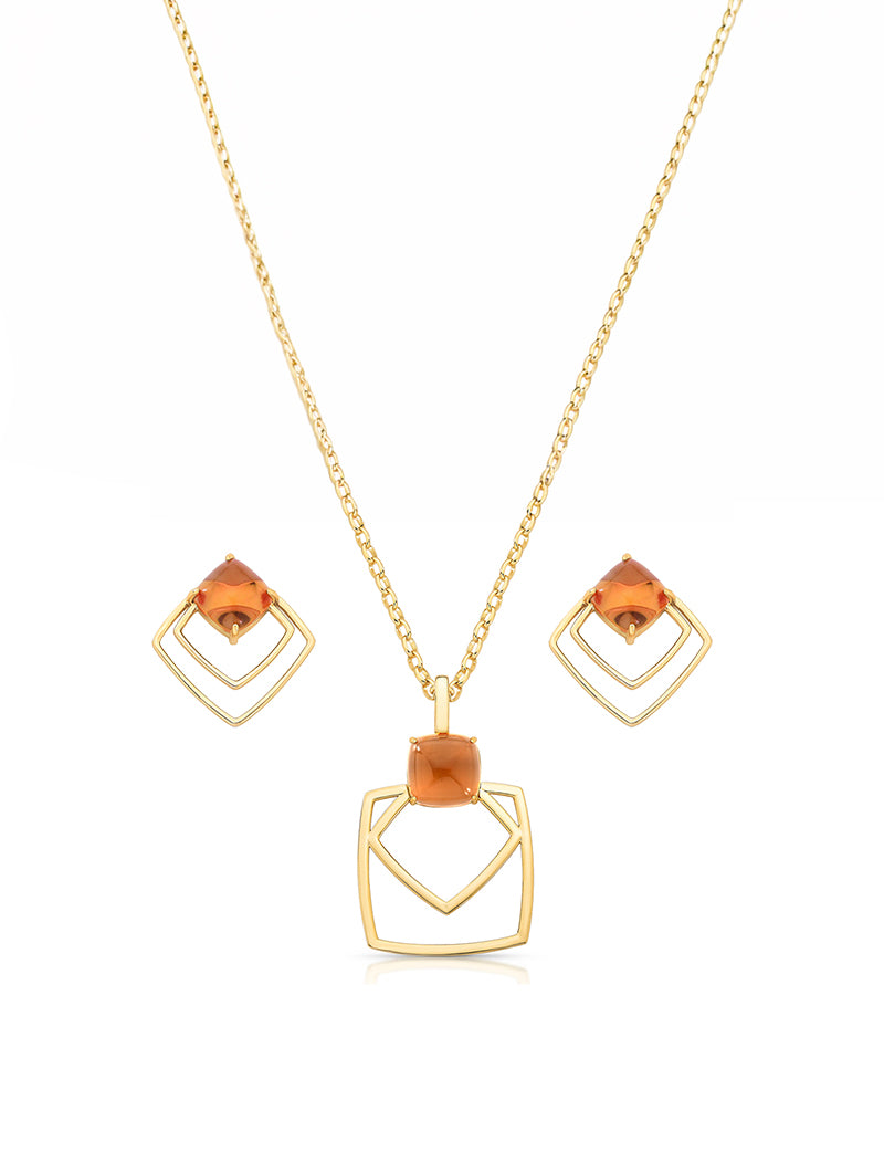 Conjunto Pingente Quadrado Vazado Banho Ouro 18K Cristal