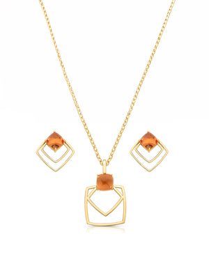 Conjunto Pingente Quadrado Vazado Banho Ouro 18K Cristal