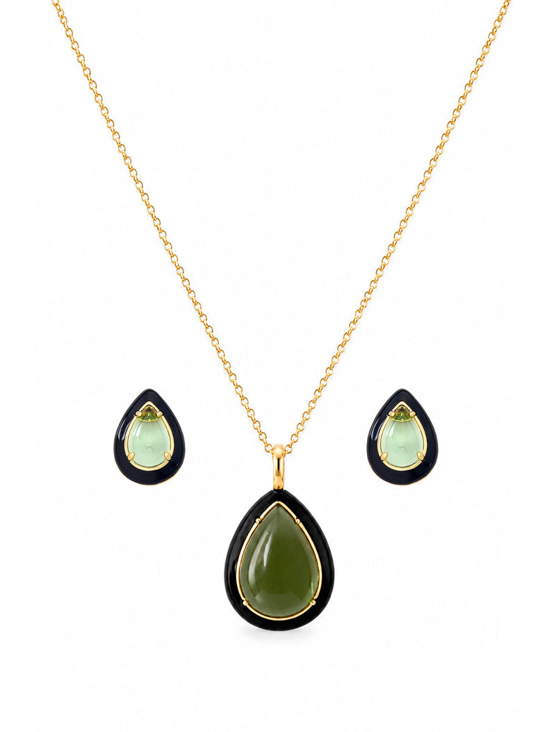 Conjunto Gota Cabochão Esmaltado Banho Ouro 18k Cristal