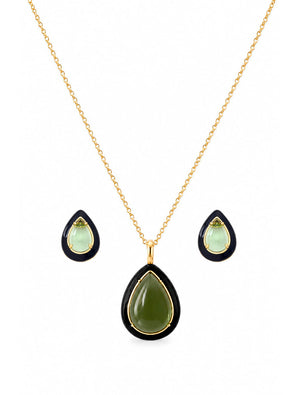 Conjunto Gota Cabochão Esmaltado Banho Ouro 18k Cristal