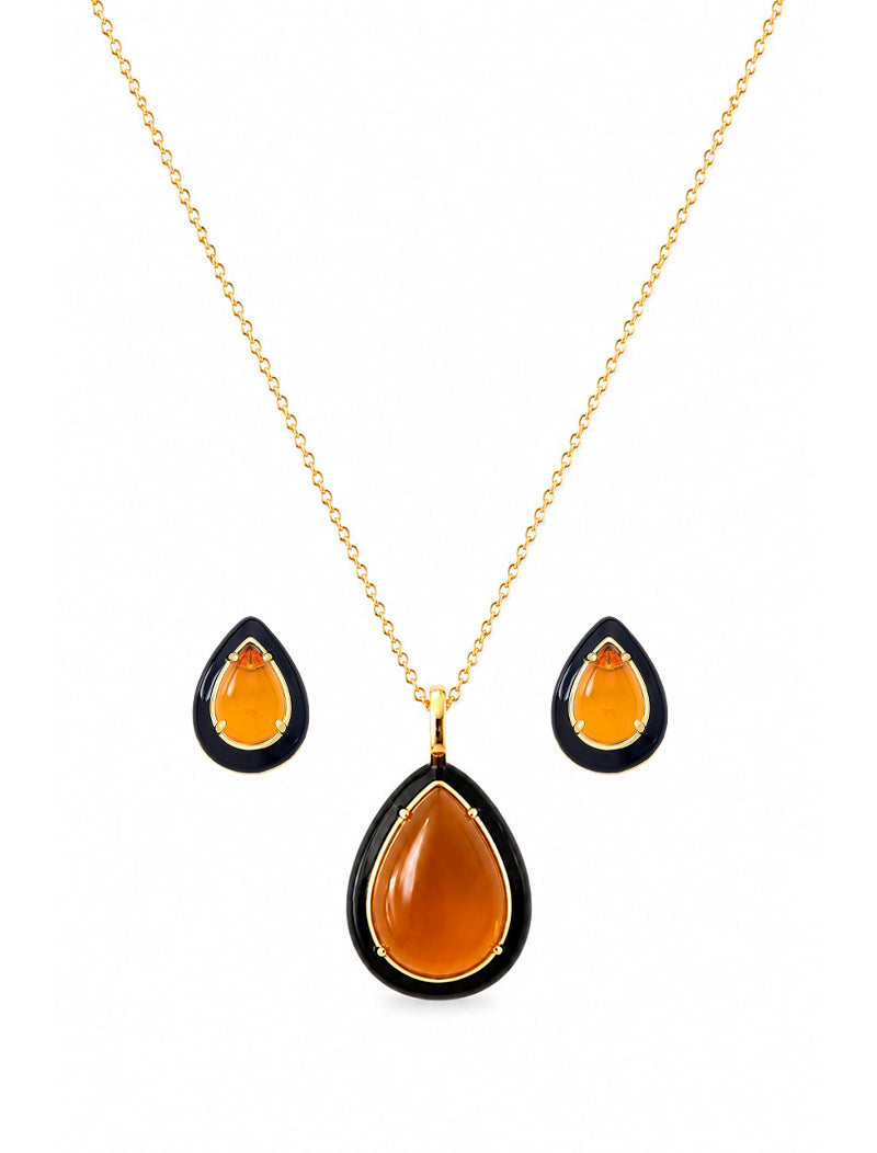 Conjunto Gota Cabochão Esmaltado Banho Ouro 18k Cristal