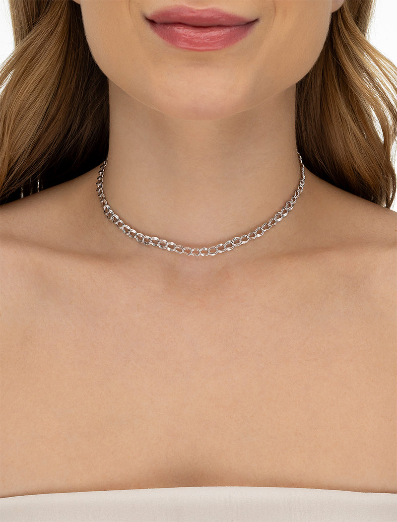 Colar Choker Elos Groumet Duplo Banho Ródio