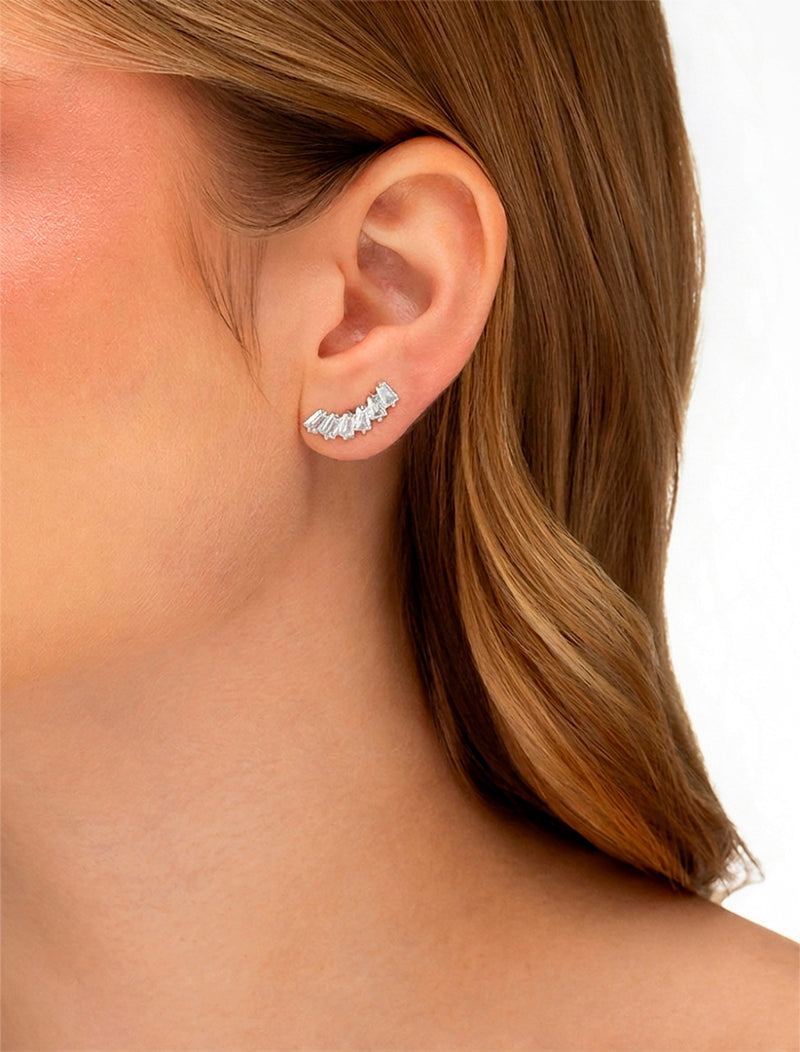 Brinco Ear Cuff Baguetes Banho Ródio Cristal