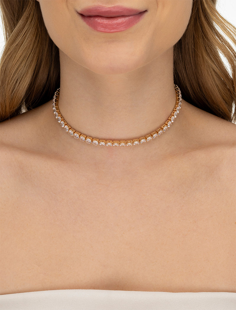 Colar Choker Riviera Redonda Banho Dourado Zircônia