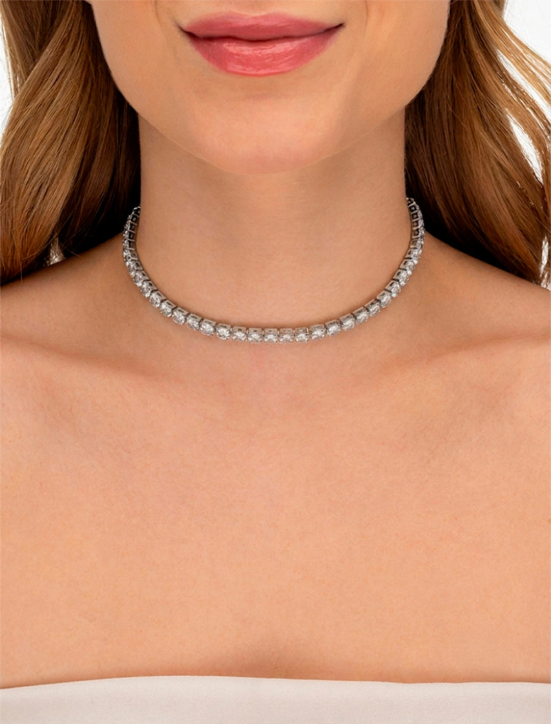 Colar Choker Riviera Redonda Banho Prateado Zircônia
