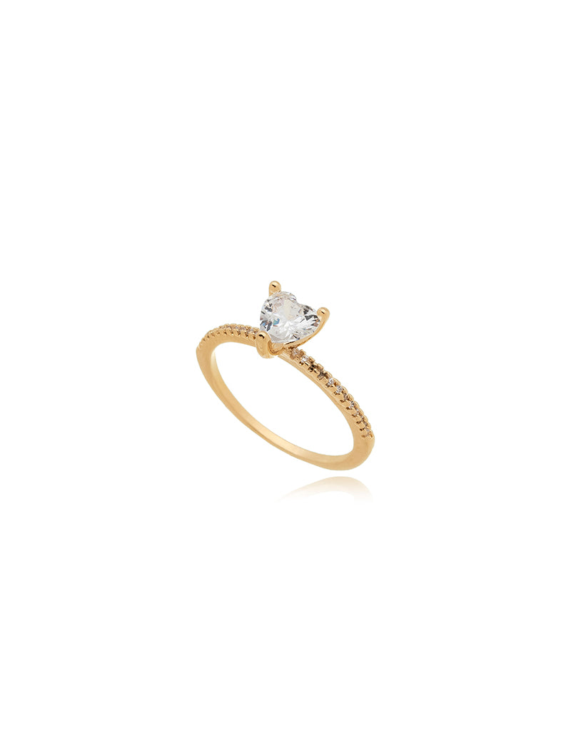 Anel Solitário Coração Cravejado Banho Ouro 18k Zircônia